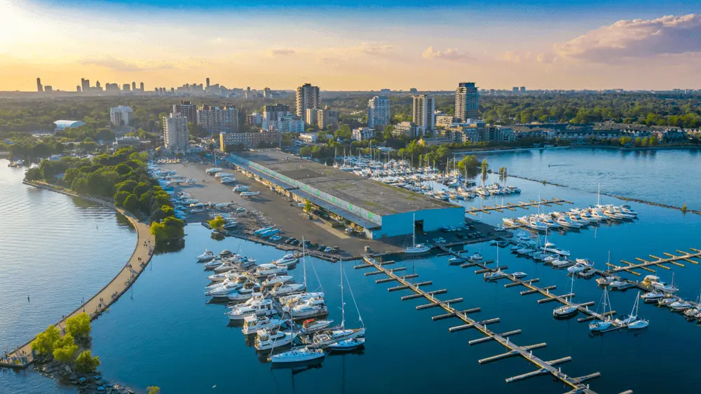 An aerial photo of port credit in mississauga
